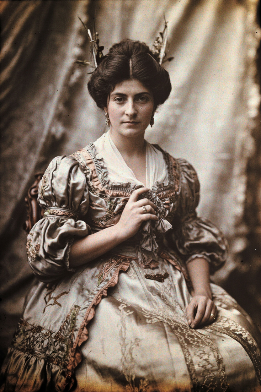 Victorian woman in elaborate dress, sepia portrait