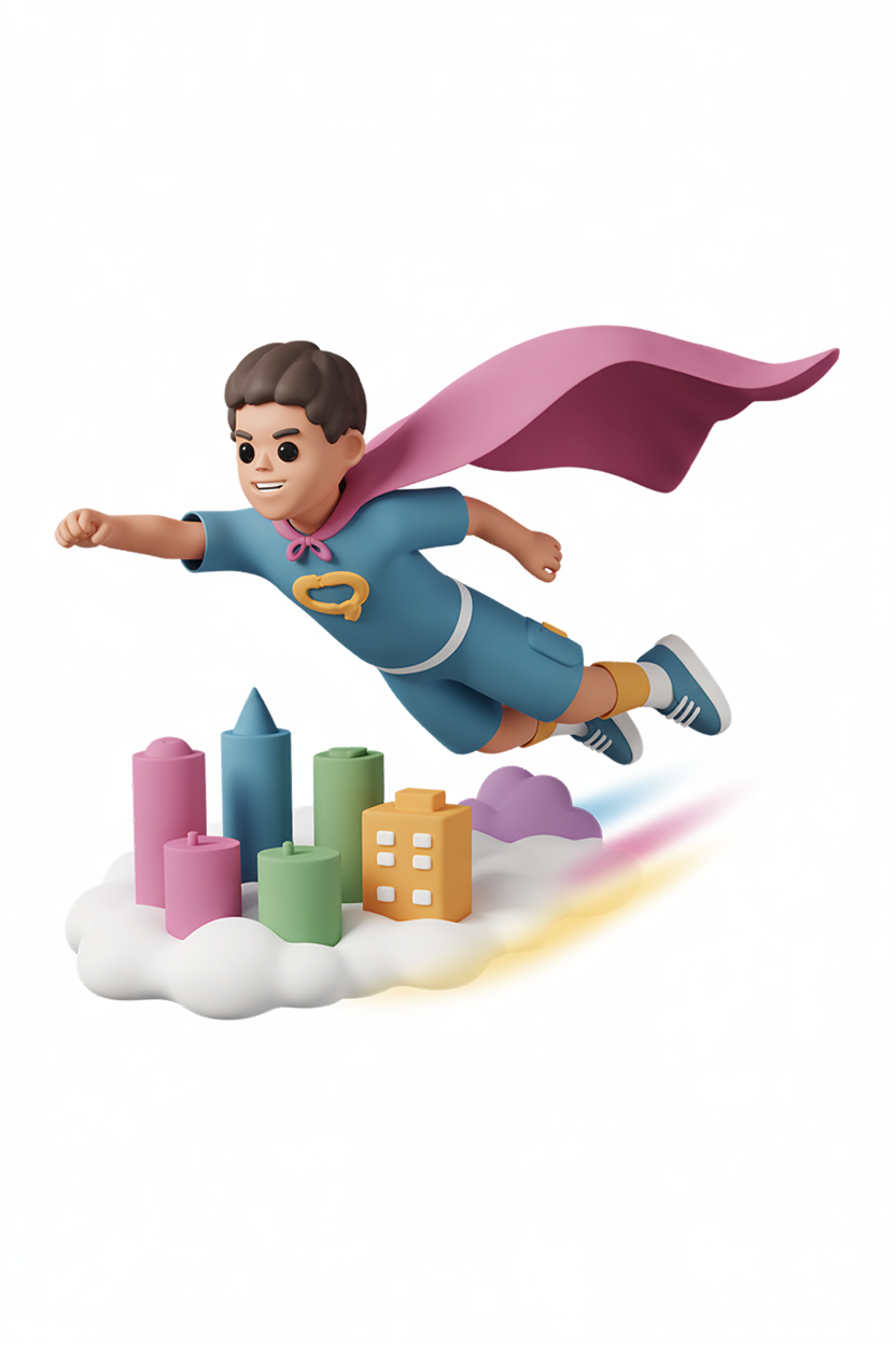 Superhero kid flying through a rainbow city