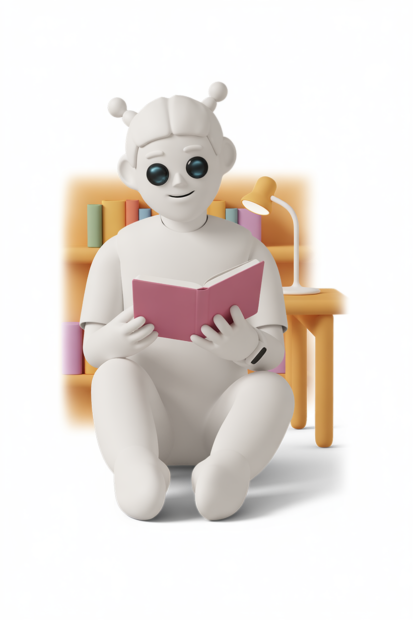 Friendly robot reading a book in a library