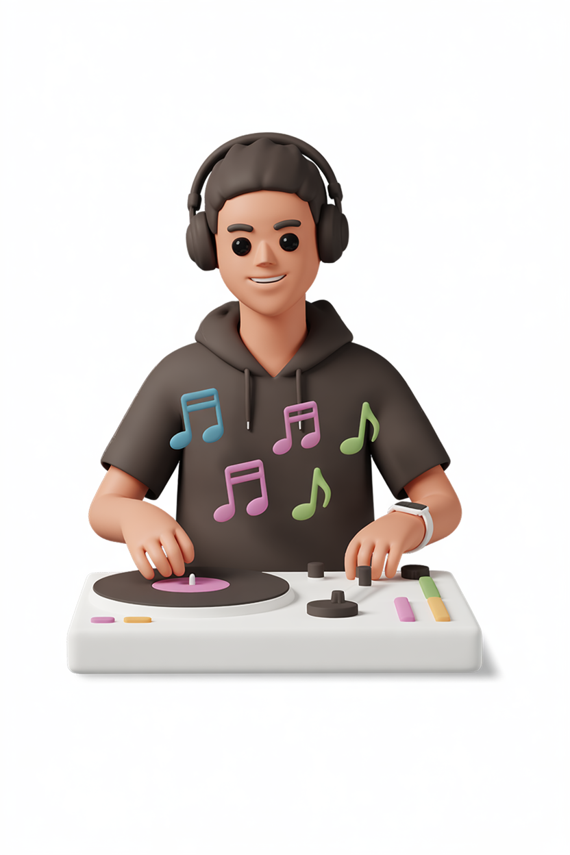 DJ with headphones at turntable, neon lights