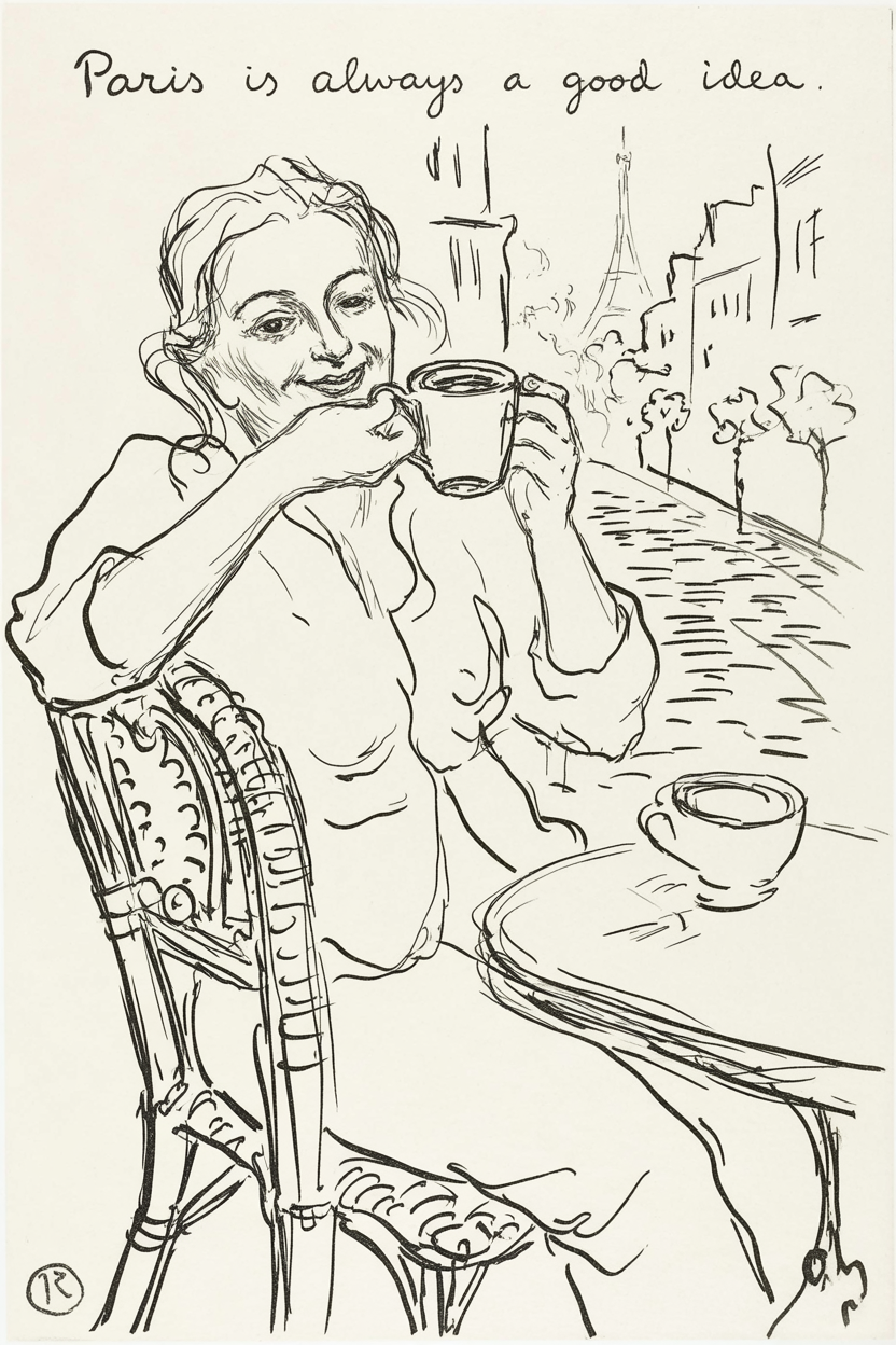 Pen and ink Paris bistro scene