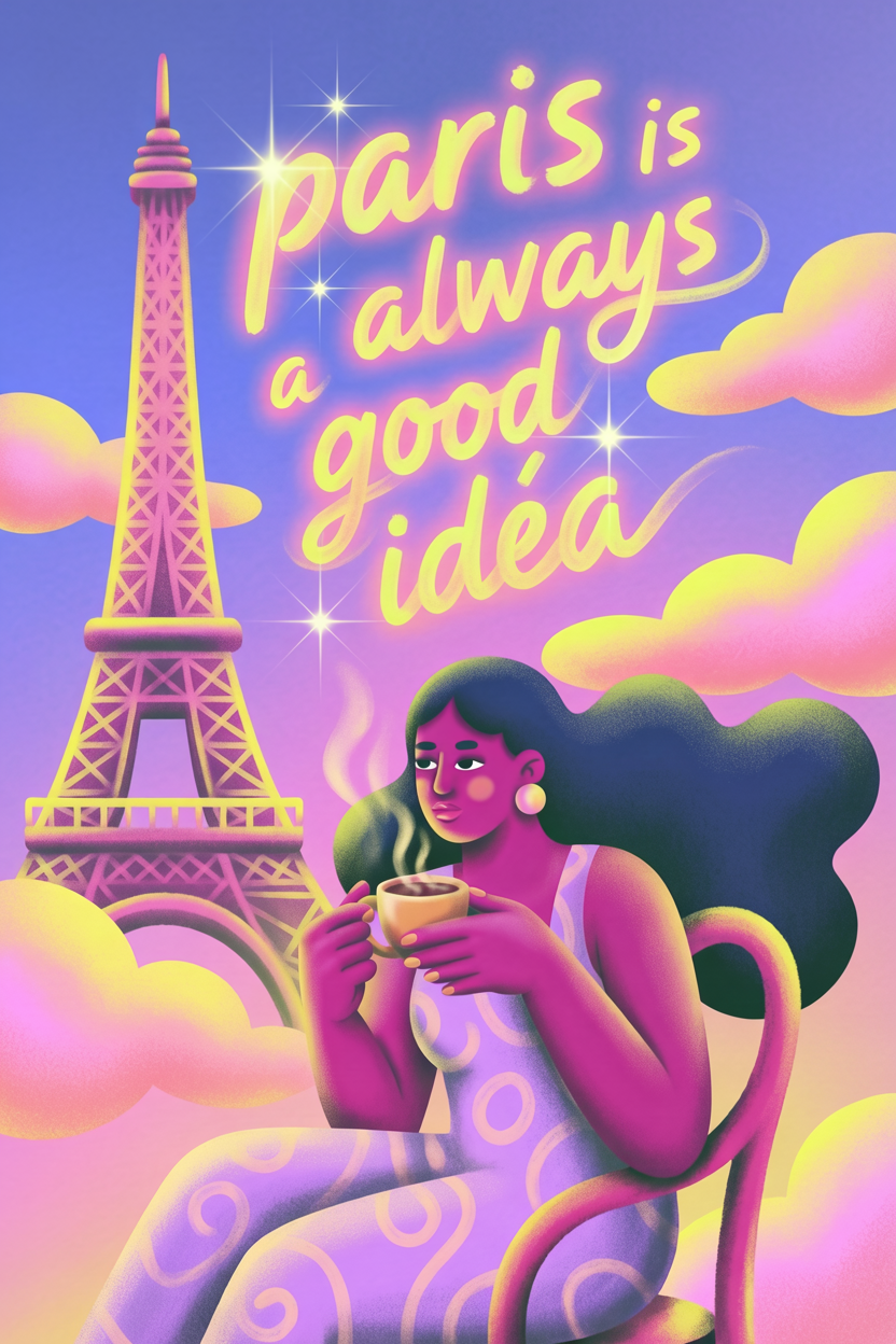 Flowing hair illustration Paris bistro
